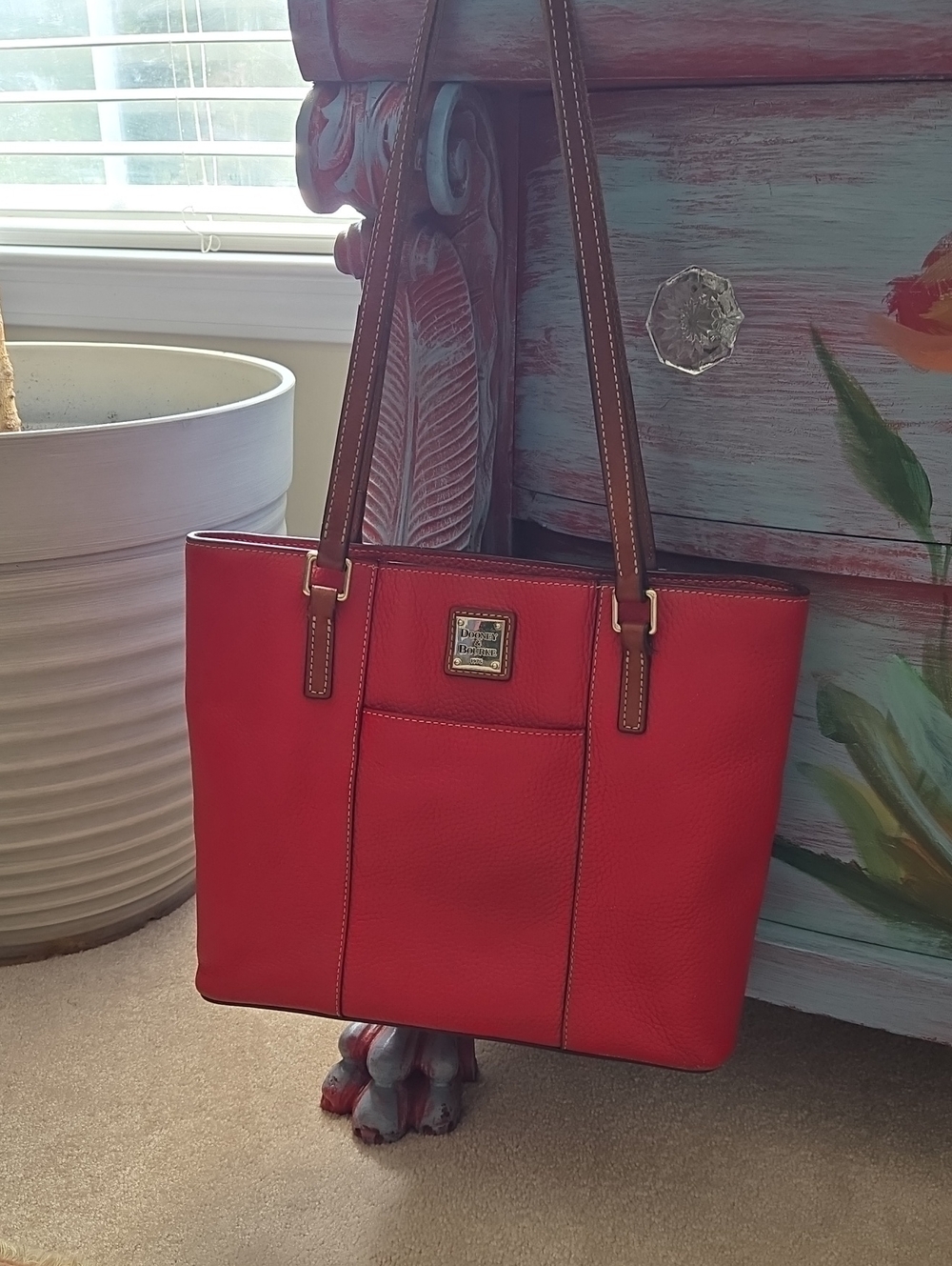 Dooney & Bourke Red Leather Tote with Brown Straps